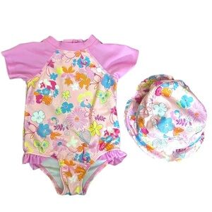 FLOATIMINI Baby Girl Wildflower Rash Guard Swimsuit & Hat Size 18 Months